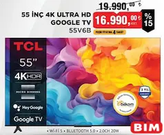 TCL 55V6B 55 İNÇ 4K ULTRA HD GOOGLE TV AKILLI TELEVİZYON